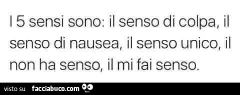 I 5 sensi sono: il senso di colpa, il senso di nausea, il senso unico, il non ha senso, il mi fai senso