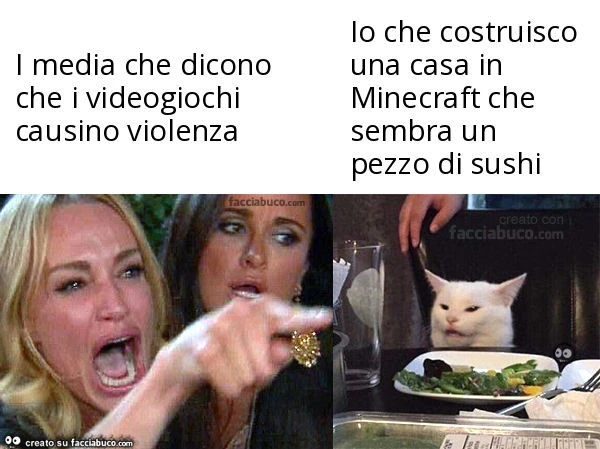 I media che dicono che i videogiochi causino violenza. Io che costruisco una casa in minecraft che sembra un pezzo di sushi