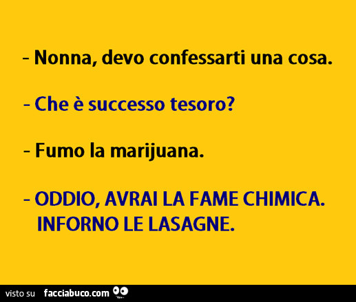 Nonna devo confessarti una cosa. Che è successo tesoro? Fumo la marijuana. Oddio, avrai la fame chimica, inforno le lasagne