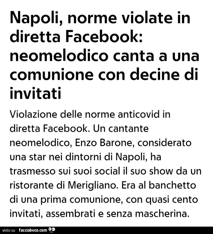 Napoli norme violate in diretta Facebook: neomelodico canta a una comunione con decine di invitati