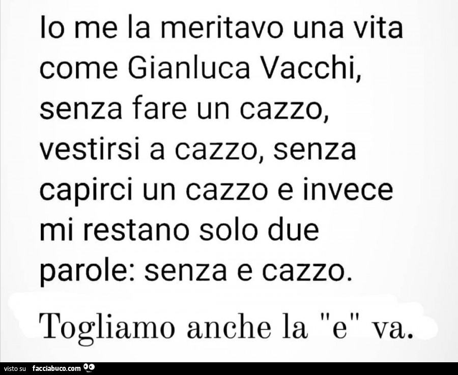 Io me la meritavo una vita come gianluca vacchi, senza fare un cazzo, vestirsi a cazzo, senza capirci un cazzo e invece mi restano solo due parole: senza e cazzo. Togliamo anche la e va