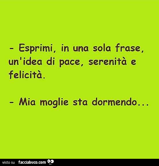 Esprimi, in una sola frase, un'idea di pace, serenità e felicità. Mia moglie sta dormendo