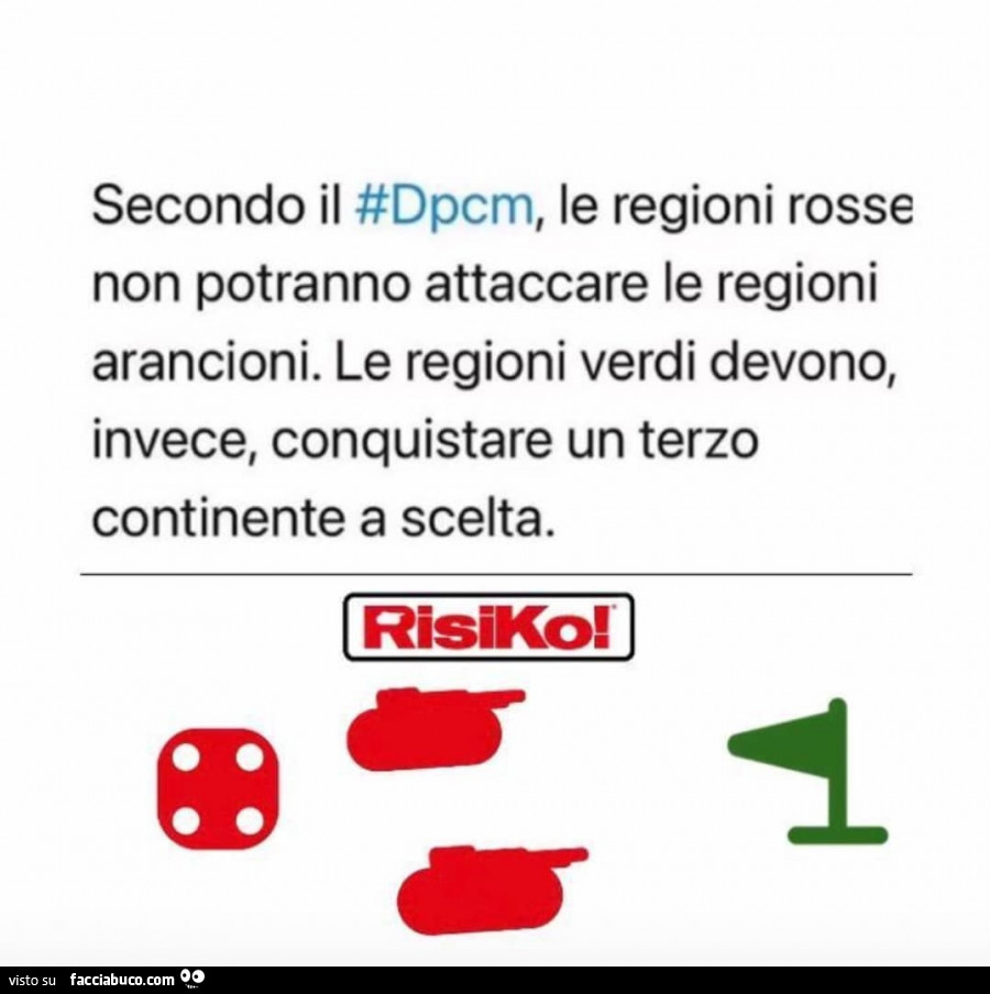 Secondo il #dpcm, le regioni rosse non potranno attaccare le regioni arancioni. Le regioni verdi devono, invece, conquistare un terzo continente a scelta. Risiko