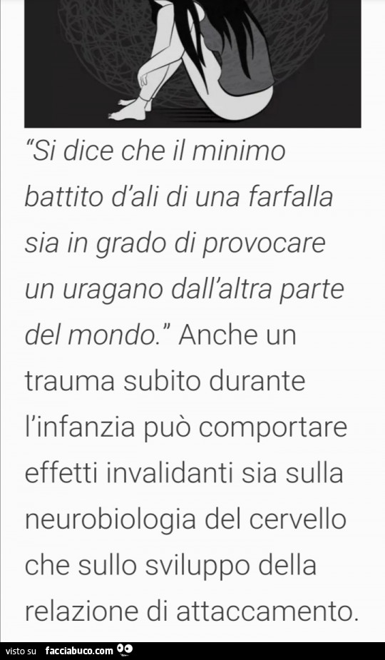 Si dice che il minimo battito d'ali di una farfalla sia in grado di provocare un uragano dall'altra parte del mondo. Anche un trauma subito durante l'infanzia può comportare effetti invalidanti sia sulla neurobiologia del cervello