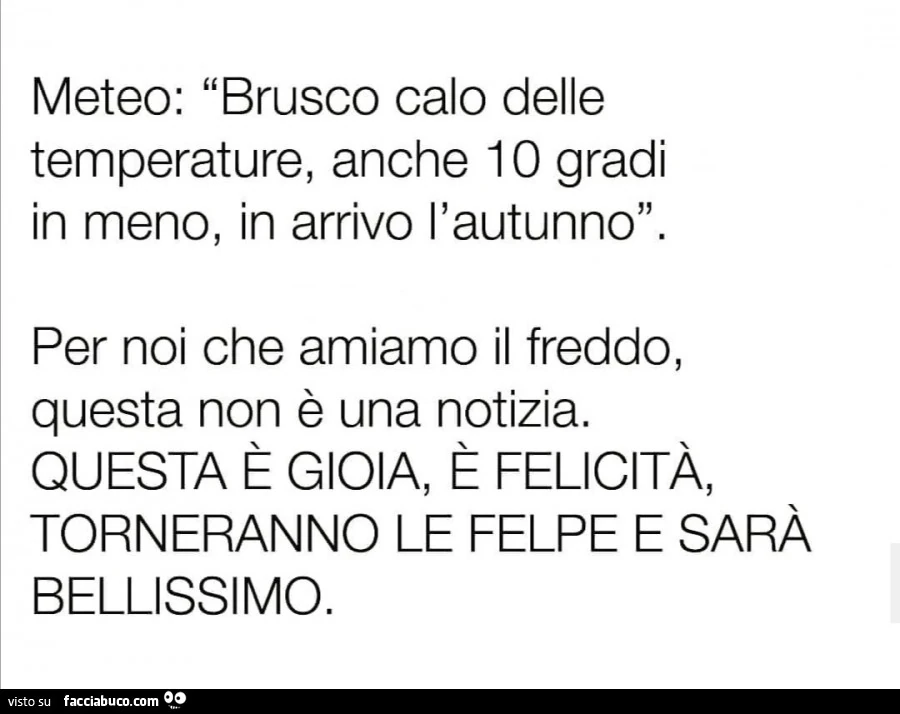 Meteo: brusco calo delle temperature, anche io gradi in meno, in arrivo l'autunno. Per noi che amiamo il freddo, questa non è una notizia. Questa è gioia, è felicità, torneranno le felpe e sarà bellissimo