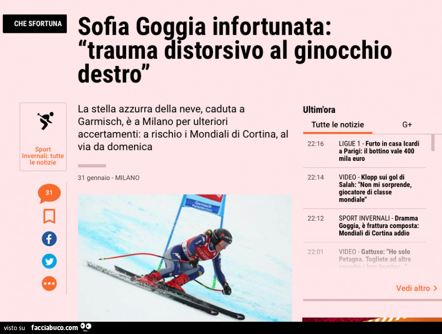 Sofia goggia infortunata: trauma distorsivo al ginocchio