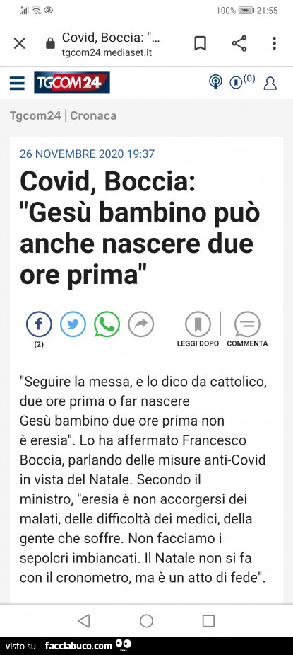 Covid, Boccia: gesù bambino può anche nascere due ore prima