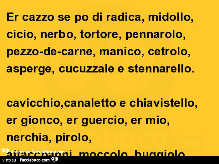 Er cazzo se po di radica, midollo, cicio, nerbo, tortore, pennarolo, pezzo-de-carne, manico, cetrolo, asperge, cucuzzale e stennarello. Cavicchio, canaletto e chiavistello, er gionco, er guercio, er mio, nerchia, pirolo, attaccpanni, moccolo
