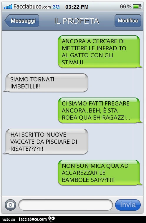 ANCORA A CERCARE DI METTERE LE INFRADITO AL GATTO CON GLI STIVALII. SIAMO TORNATI IMBECILLI! CI SIAMO FATTI FREGARE ANCORA. BEH, è STA ROBA QUA EH RAGAZZI&hellip; HAI SCRITTO NUOVE VACCATE DA PISCIARE DI RISATE?! NON SON MICA QUA AD ACCAREZZAR LE BAMBOLE