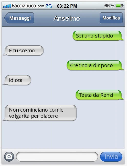 Sei uno stupido. E tu scemo. Cretino a dir poco. Idiota. Testa da Renzi. Non cominciano con le volgarità per piacere