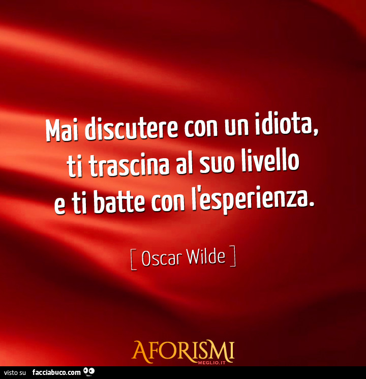Mai discutere con un idiota, ti trascina al suo livello e ti batte con l'esperienza. Oscar wilde