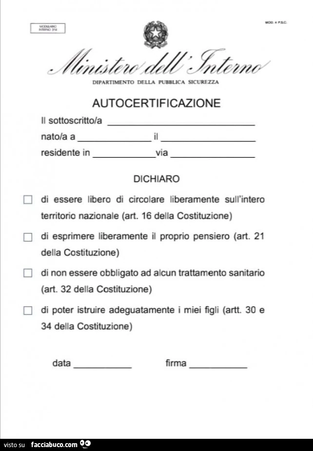 Autocertificazione il sottoscritto/a nato/a a residente in il via dichiaro di essere libero di circolare liberamente sull'intero territorio nazionale
