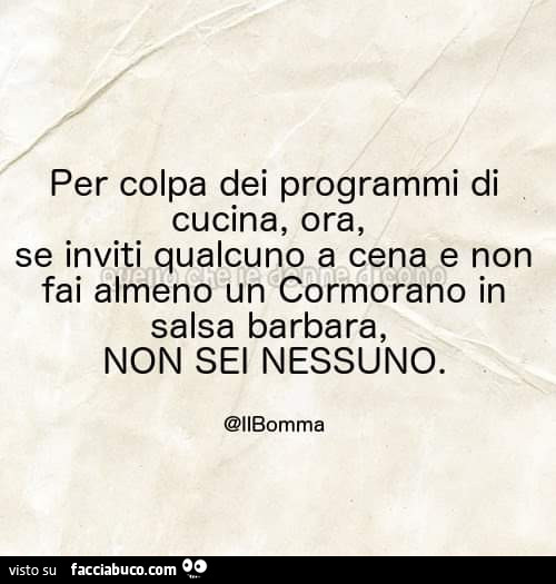 Per colpa dei programmi di cucina, ora, se inviti qualcuno a cena e non fai almeno un cormorano in salsa barbara, non sei nessuno