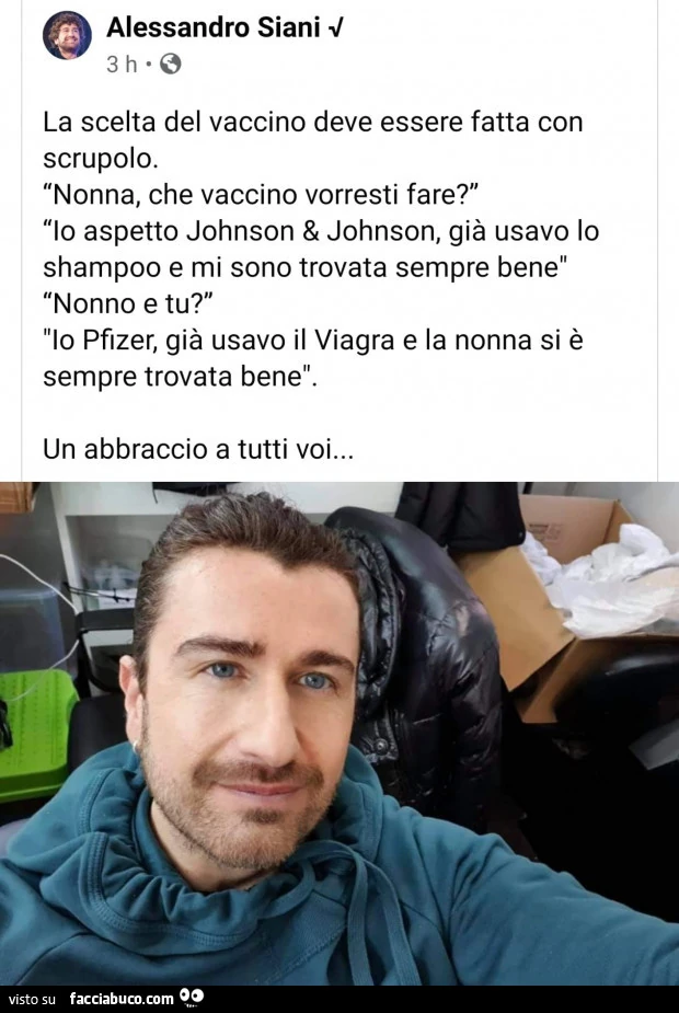 La scelta del vaccino deve essere fatta con scrupolo. Nonna, che vaccino vorresti fare? Io aspetto johnson & johnson, già usavo lo shampoo e mi sono trovata sempre bene. Nonno e tu? Io pfizer, già usavo il viagra