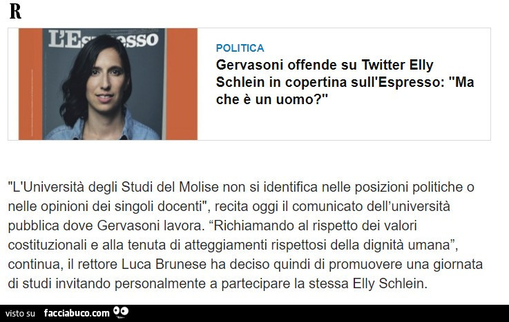 Gervasoni offende su twitter elly schlein in copertina sull'espresso. L'università degli studi del molise non si identifica nelle posizioni politiche o nelle opinioni dei singoli docenti, recita oggi il comunicato dell'università pubblica