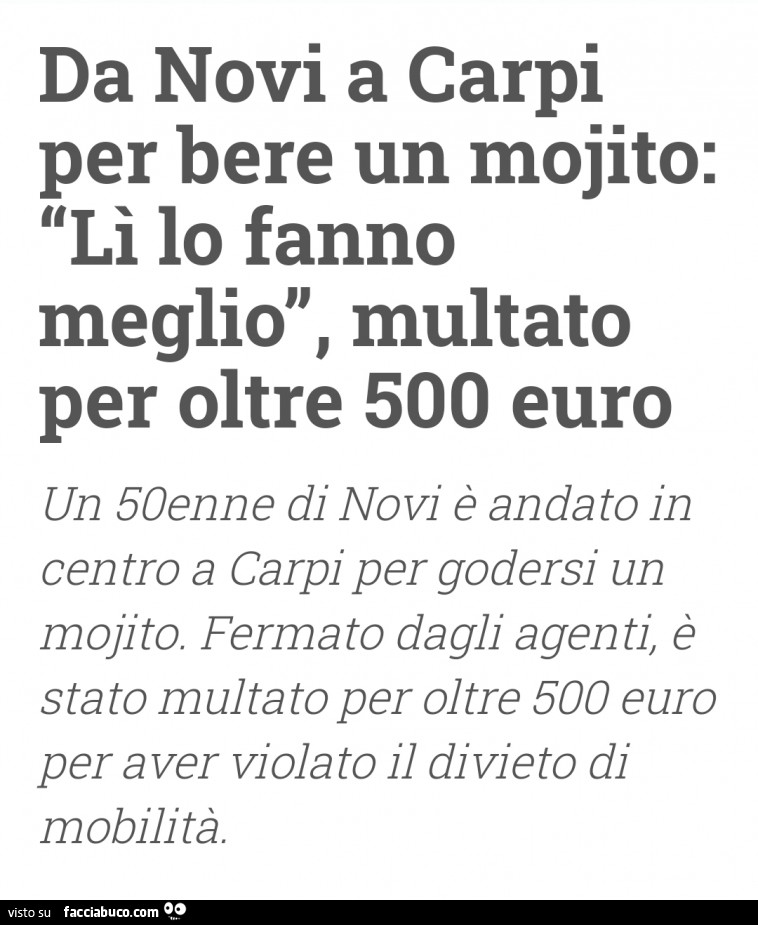 Da novi a carpi per bere un mojito: li lo fanno meglio, multato per oltre 500 euro