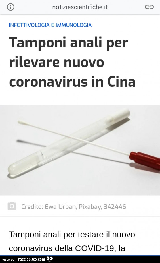 Tamponi anali per rilevare nuovo coronavirus in cina
