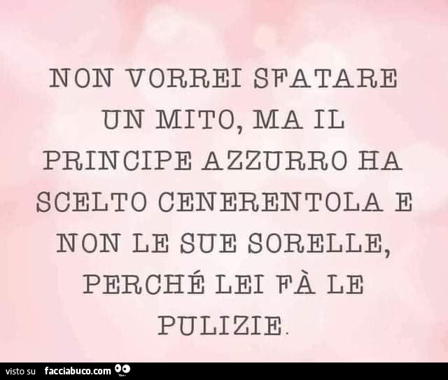 Non vorrei sfatare mito, ma il principe azzurro ha scelto cenerentola non le sue sorelle, perché lei fa le pulizie