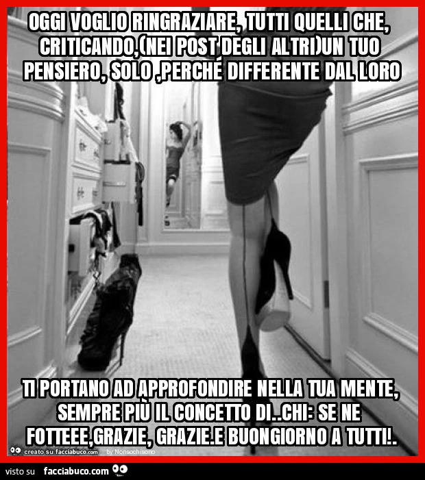 Oggi voglio ringraziare, tutti quelli che, criticando, (nei post degli altri)un tuo pensiero, solo, perché differente dal loro ti portano ad approfondire nella tua mente, sempre più il concetto di. Chi: se ne fotteee, grazie, grazie. E buongiorno a tutti