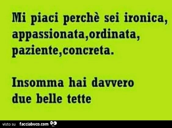Mi piaci perchè sei ironica, appassionata, ordinata, paziente, concreta. Insomma hai davvero due belle tette