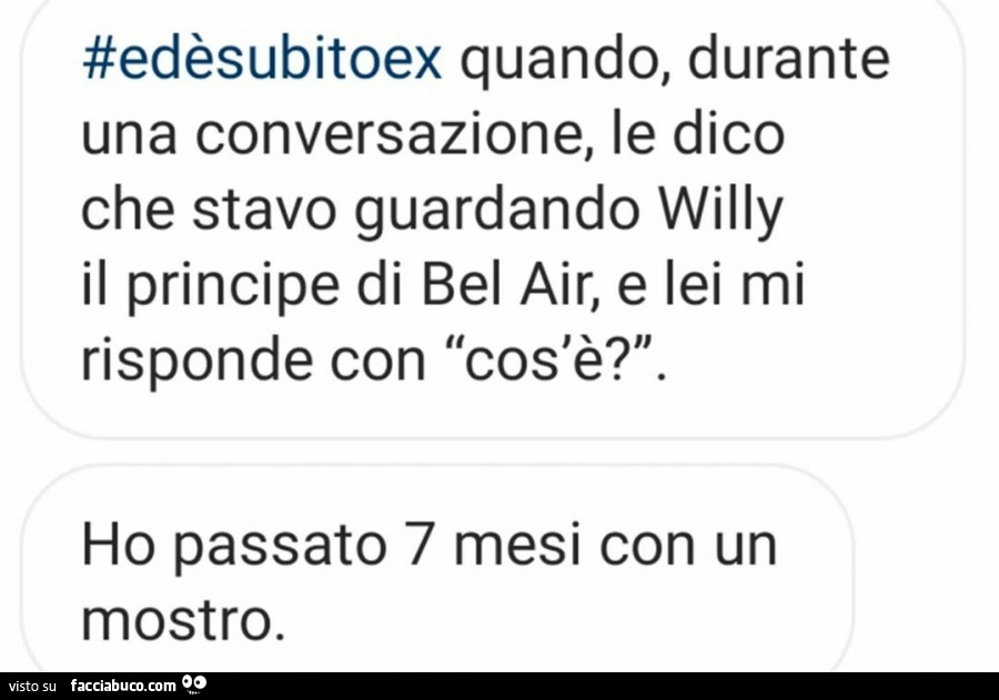 Ed è subito ex quando, durante una conversazione, le dico che stavo guardando willy il principe di bel air, e lei mi risponde con cos'è? Ho passato 7 mesi con un mostro