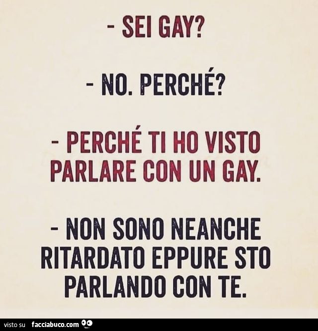 Sei gay? No Perché? Perché ti ho visto parlare con un gay Non sono neanche ritardato eppure sto parlando con te