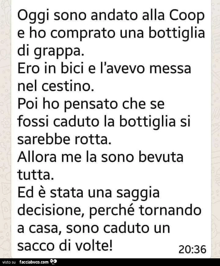 Oggi sono andato alla coop e ho comprato una bottiglia di grappa. Ero in bici e l'avevo messa nel cestino. Poi ho pensato che se fossi caduto la bottiglia si sarebbe rotta. Allora me la sono bevuta tutta