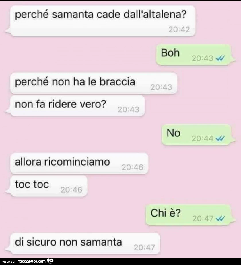 Perché samanta cade dall'altalena? boh. perché non ha le braccia non fa ridere vero? no. allora ricominciamo. toc toc chi è? di sicuro non samanta