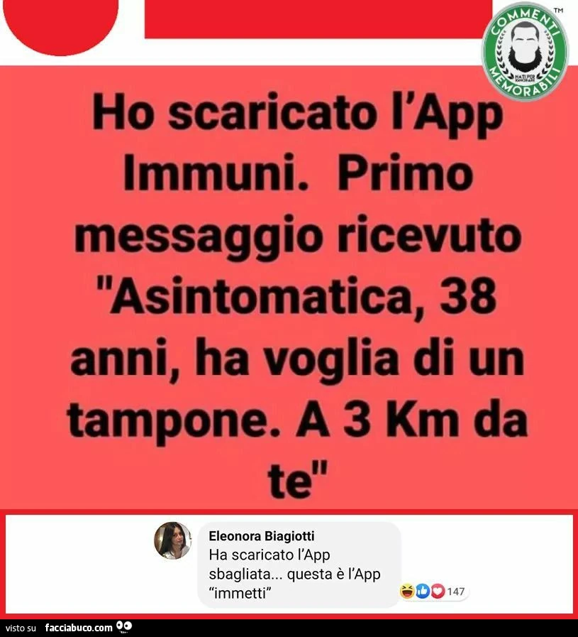Ho scaricato l'app immuni. Primo messaggio ricevuto asintomatica, 38 anni, ha voglia di un tampone. A 3 km da te. Ha scaricato l'app sbagliata&hellip; questa è l'app immetti
