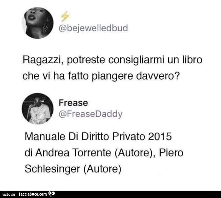 Ragazzi, potreste consigliarmi un libro che vi ha fatto piangere davvero? Manuale di diritto privato