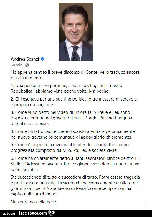 I pensieri di Andrea Scanzi: ho appena sentito il breve discorso di conte. Ve lo traduco ancora più chiaramente. Una persona così perbene, a palazzo chigi, nella nostra repubblica l'abbiamo vista poche volte. Ma poche