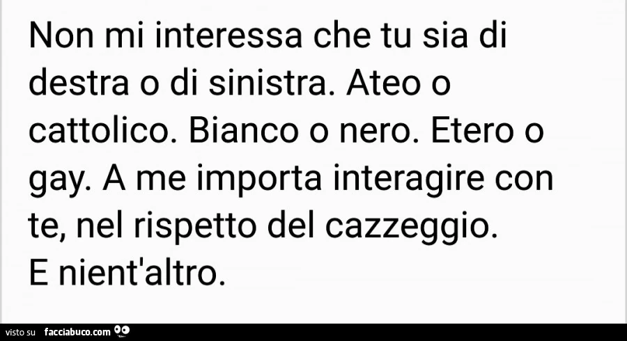 Non mi interessa che tu sia di destra o di sinistra. Ateo o cattolico. Bianco o nero. Etero o gay. A me importa interagire con te, nel rispetto del cazzeggio. E nient'altro