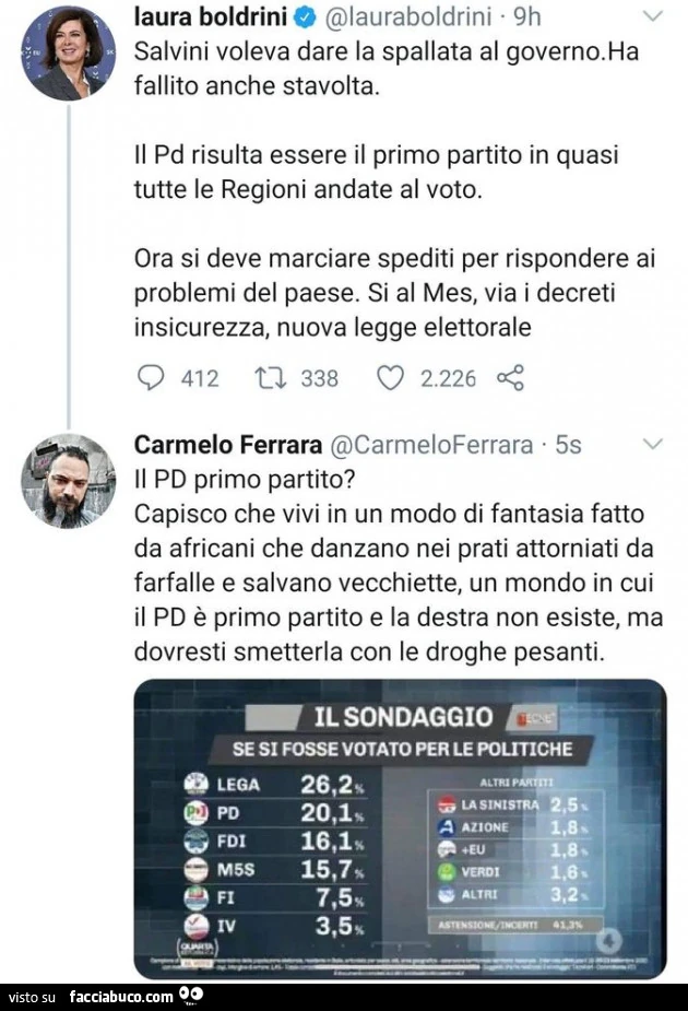 Laura Boldrini: salvini voleva dare la spallata al governo. Ha fallito anche stavolta. Il pd risulta essere il primo partito in quasi tutte le regioni