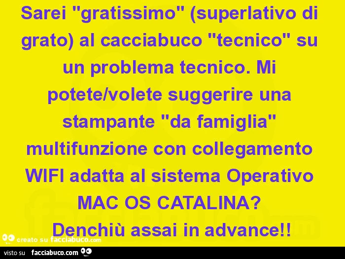 Sarei "gratissimo" (superlativo di grato) al cacciabuco "tecnico" su un problema tecnico. Mi potete/volete suggerire una stampante "da famiglia" multifunzione con collegamento wifi adatta al sistema operativo mac os catalina?