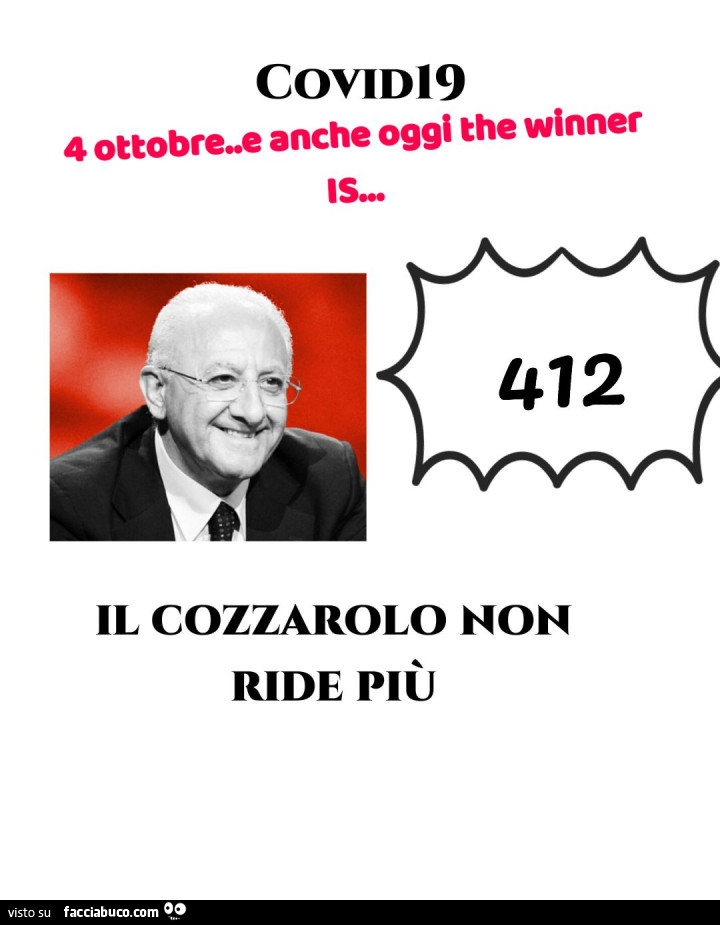 Covid19 4 ottobre e anche oggi the winner is 412 il cozzarolo non ride più