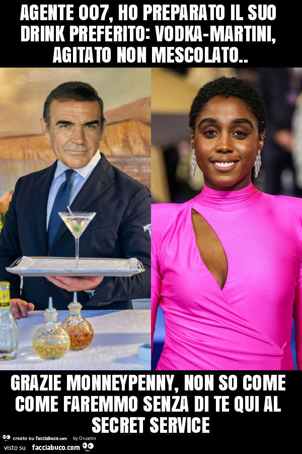 Agente 007, ho preparato il suo drink preferito: vodka-martini, agitato non mescolato. Grazie monneypenny, non so come come faremmo senza di te qui al secret service