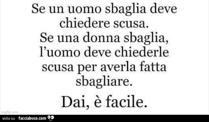 Se un uomo sbaglia deve chiedere scusa. Se una donna sbaglia, l'uomo deve chiederle scusa per averla fatta sbagliare. Dai, è facile
