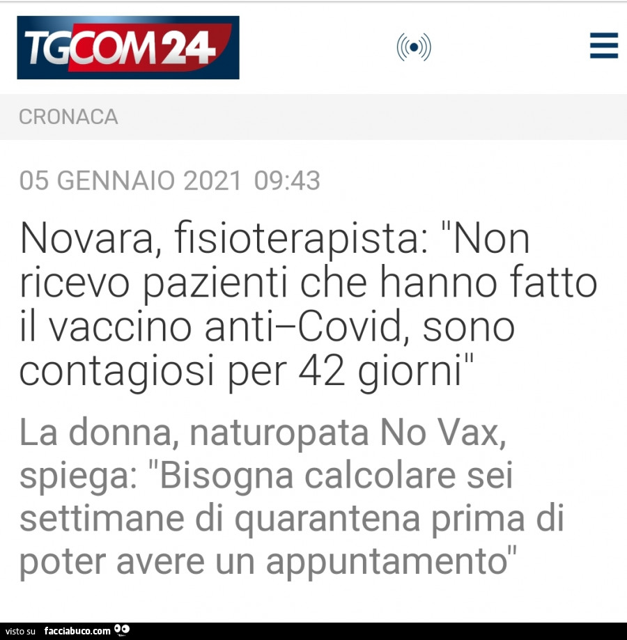 Novara, fisioterapista: non ricevo pazienti che hanno fatto il vaccino anticovid, sono contagiosi per 42 giorni