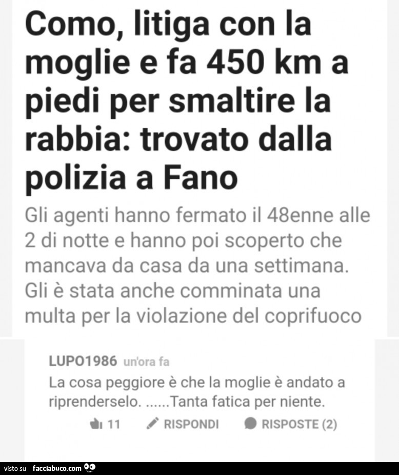 Como, litiga con la moglie e fa 450 km a piedi per smaltire la rabbia: trovato dalla polizia a fano
