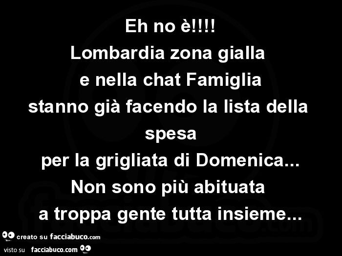 Eh no è! Lombardia zona gialla e nella chat famiglia stanno già facendo la lista della spesa per la grigliata di domenica… non sono più abituata a troppa gente tutta insieme