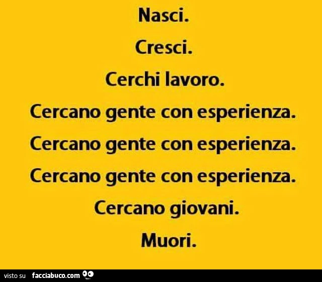 Nasci. Cresci. Cerchi lavoro. Cercano gente con esperienza. Cercano gente con esperienza. Cercano gente con esperienza. Cercano giovani. Muori