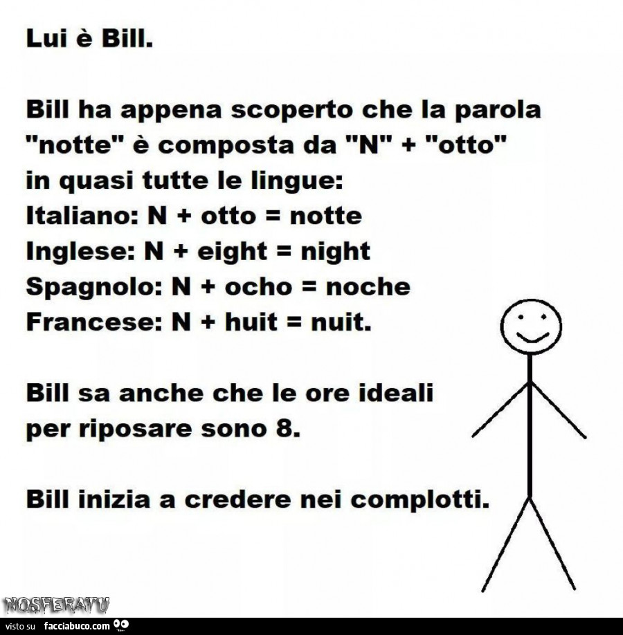 Lui è bill. Bill ha appena scoperto che la parola notte è composta da n otto in quasi tutte le lingue: italiano