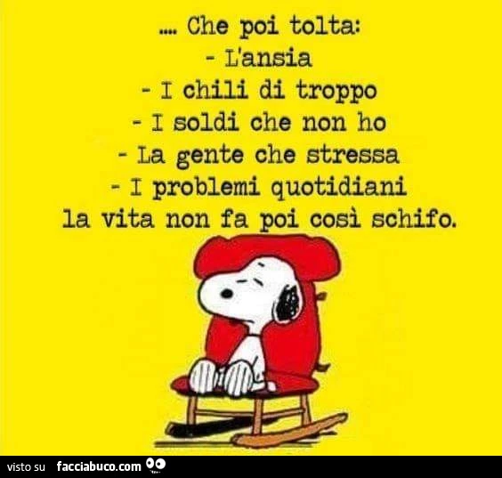 Che poi tolta: l'ansia i chili di troppo i soldi che non ho la gente che stressa i problemi quotidiani la vita non fa poi così schifo