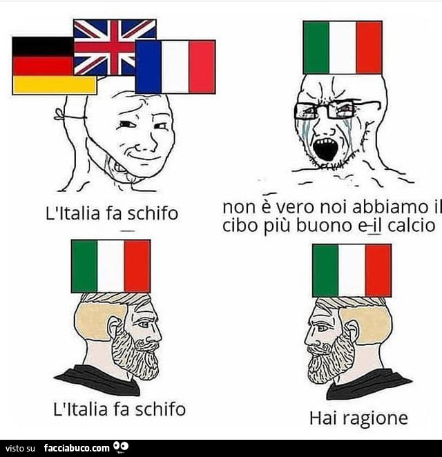 L'italia fa schifo. Non è vero noi abbiamo il cibo più buono e il calcio. L'Italia fa schifo. Hai ragione