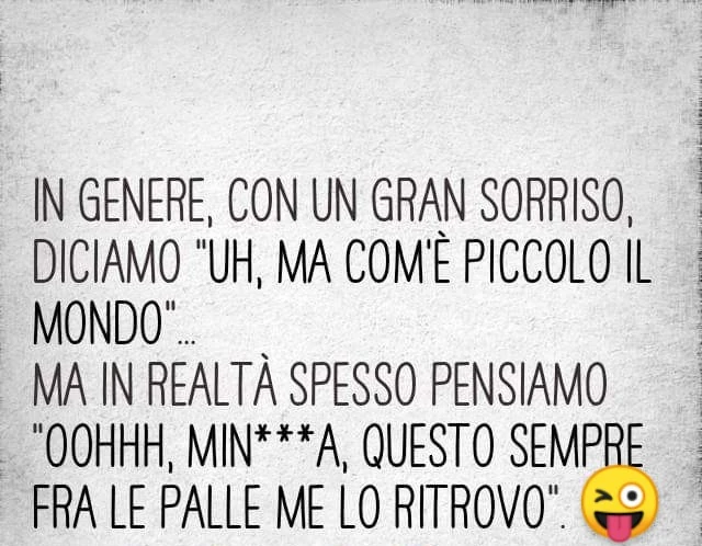 In genere con la n gran sorriso diciamo "uh, ma com'è piccolo il mondo"ma in realtà spesso pensiamo "ohhh non**a, questo sempre fra le palle me lo ritrovo
