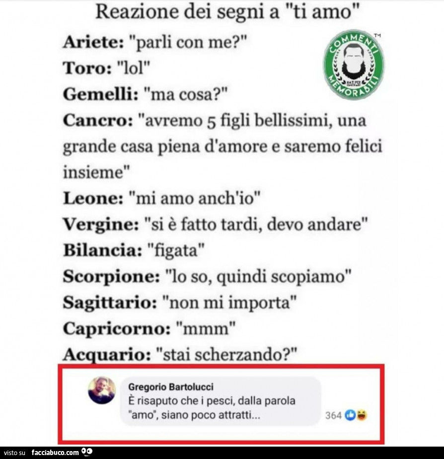 Reazione dei segni a ti amo: è risaputo che i pesci, dalla parola amo, siano poco attratti