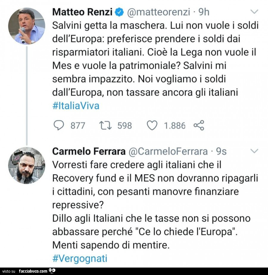 Salvini getta la maschera. Lui non vuole i soldi dell'europa: preferisce prendere i soldi dai risparmiatori italiani. Cioè la lega non vuole il mes e vuole la patrimoniale? Salvini mi sembra impazzito