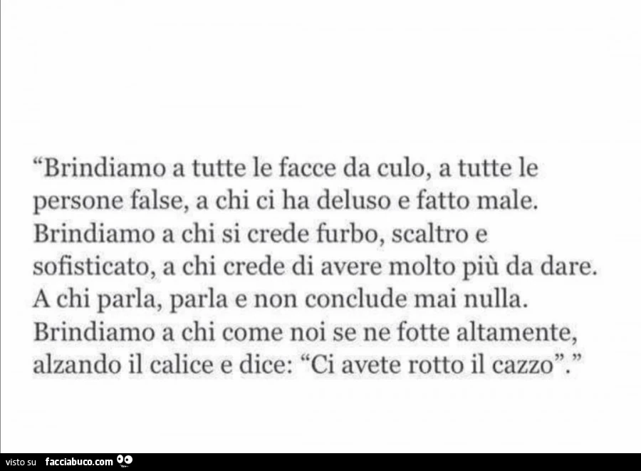 Brindiamo a tutte le facce da culo, a tutte le persone false, a chi ci ha deluso e fatto male. Brindiamo a chi si crede furbo, scaltro e sofisticato, a chi crede di avere molto più da dare. A chi parla, parla e non conclude mai nulla