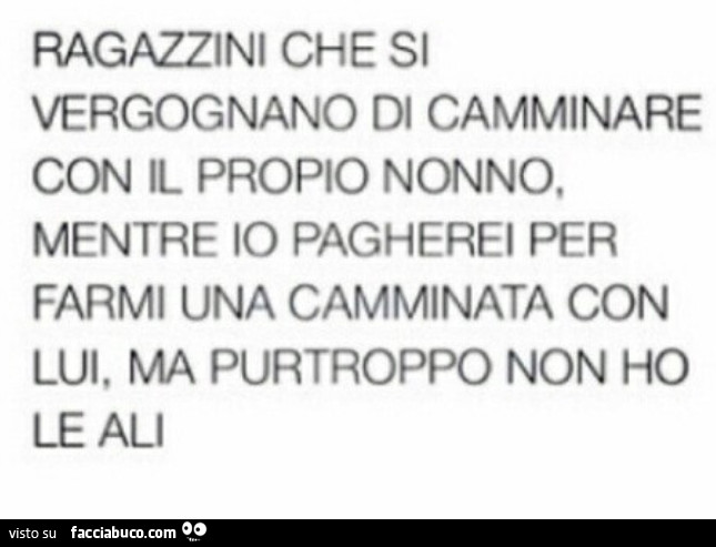 Ragazzini che si vergognano di camminare con il propio nonno, mentre io pagherei per farmi una camminata con lui, ma purtroppo non ho le ali