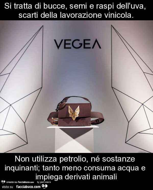 Si tratta di bucce, semi e raspi dell'uva, scarti della lavorazione vinicola. Non utilizza petrolio, né sostanze inquinanti; tanto meno consuma acqua e impiega derivati animali